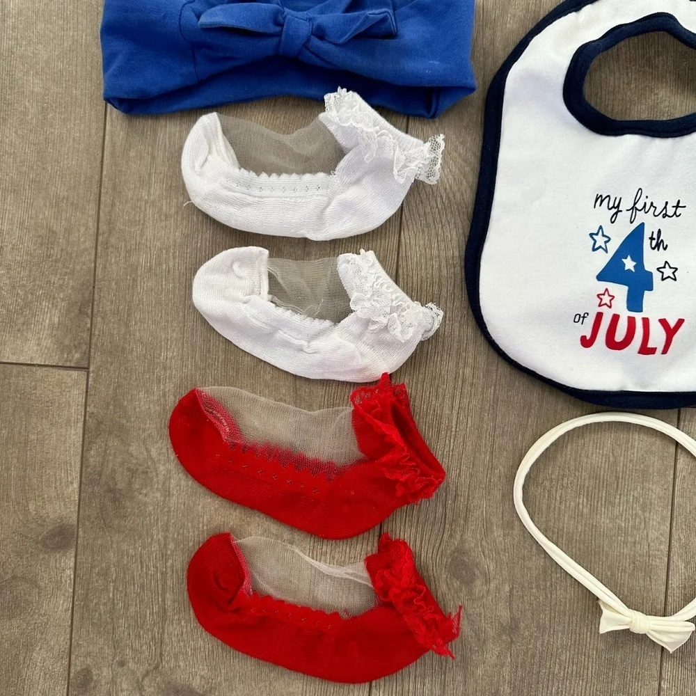 Baby girl first 4th of July accessory lot- bib, socks and headbands